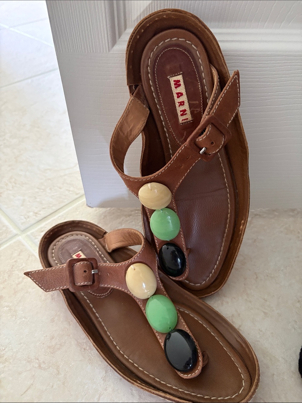 Marni Brown Leather Beaded T-Strap Sandals with Cream, Green & Black Accents